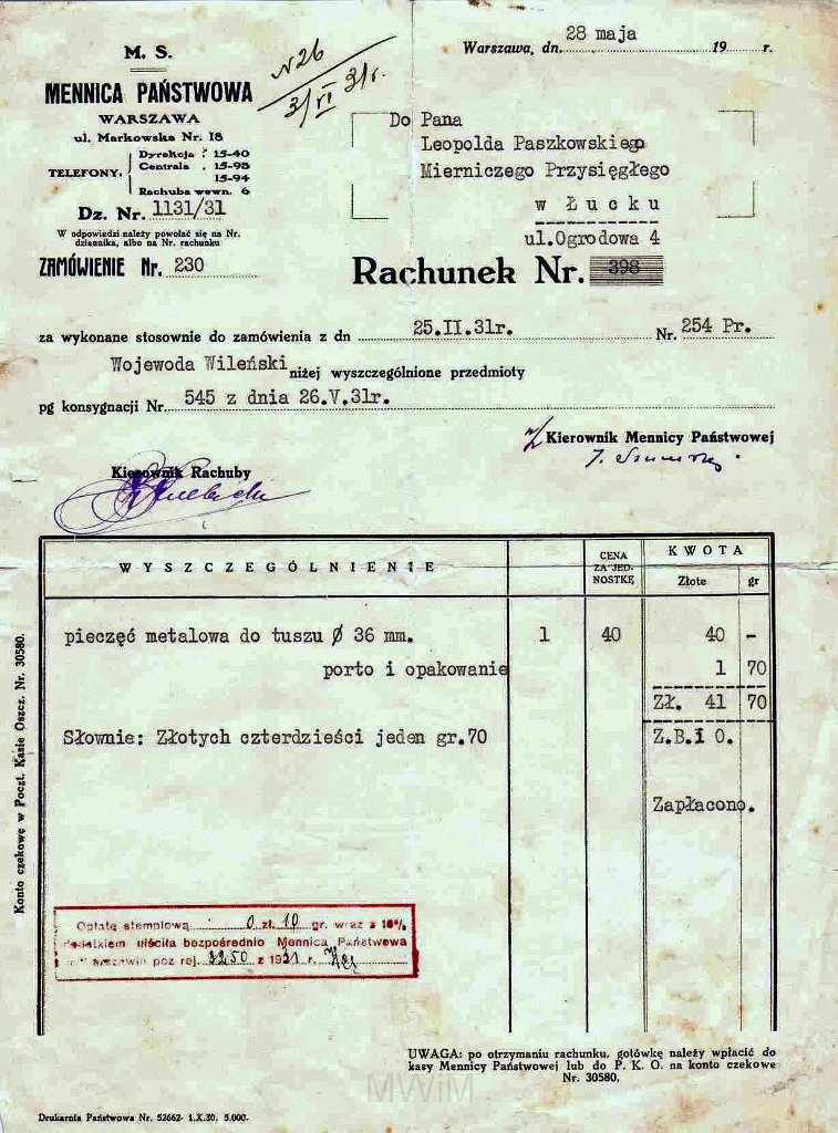 KKE 5981.jpg - Dok. Rachunek Leopolda Kleofasa Paszkowskiego za pieczęć metalową, Warszawa, 28 V 1931 r.